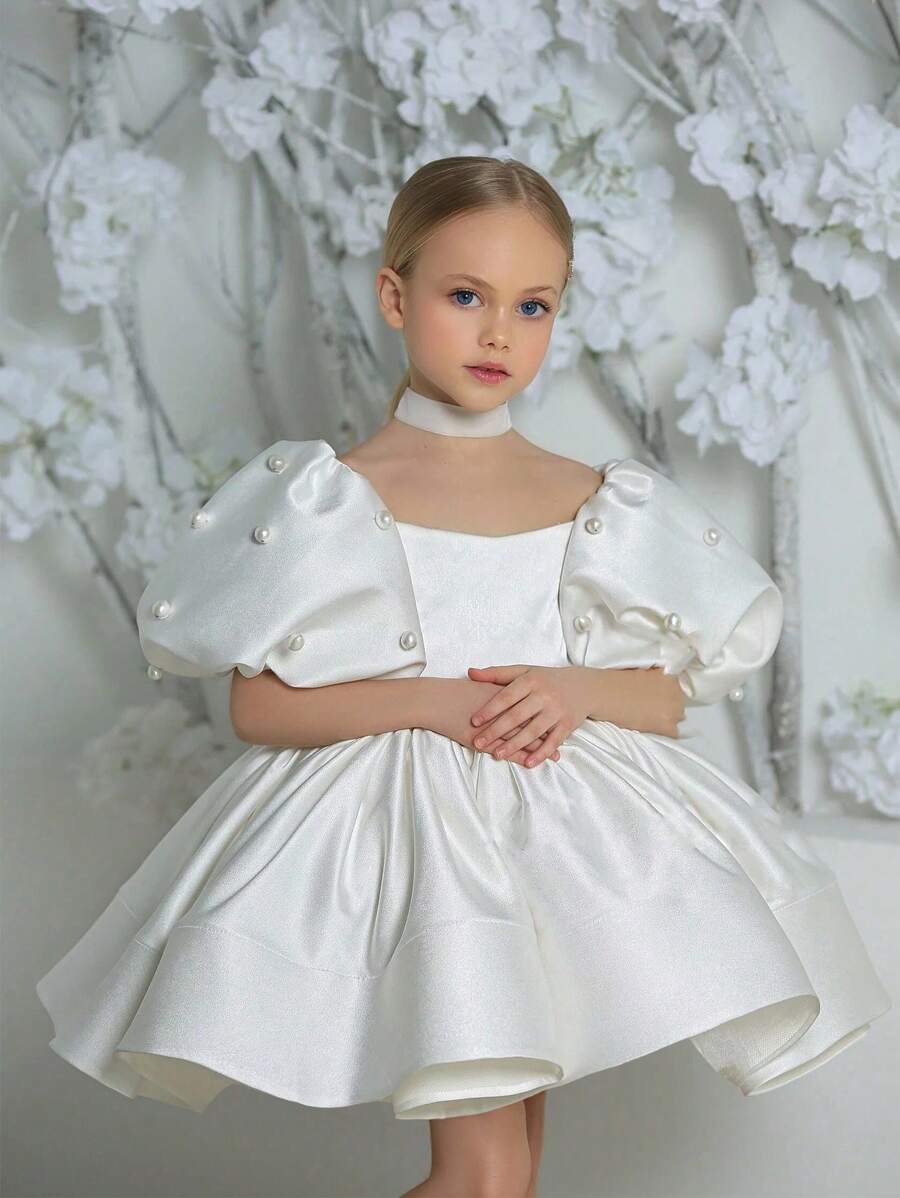 Tween Girl Pearl Puff Sleeve Bow Graduation Party White Dress, Elegant Princess Dress Suitable For Girls Dresses, Birthday Party, Teenage Formal Dress, Flower Girl Wedding Gown, Holiday Celebration