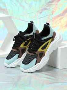 Zapatos cómodos y flexibles para correr y deportes de ocio, con diseño de parchwork en negro y amarillo, transpirables y ligeros, adecuados para parejas