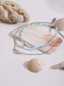 Uworld 2 Pcs/Set Women's Blue And White Rice Beaded Anklet Bohemian Style Shell Decor Anklet For Seaside Vacation Beach Swimming Pool Etc.