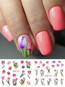 12 Styles Design Tulip Flower 1pc Nail Art Stickers, Plant Blooming Snowdrops Floral Leaf Sliders Gift Wedding Nails Water Transfer Decals Design Manicure Charm Decoration (Without Viscosity)