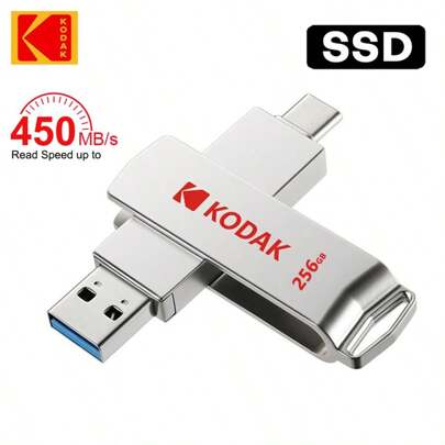 Kodak Kodak Portable SSD External Solid State Drive USB3.1 Type C 6Gbps 450MB/S X203 Metal Body Waterproof Anti-Collision ​​U Disk Compatible With PS4/Desktop/Loptop