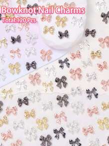 120 Piezas de encantos y gemas para uñas de aleación con lazo, encantos de metal con lazo en color plateado, dorado y negro para diseño de uñas, joyería de uñas lujosa y brillante con lazos lindos para accesorios de manicura