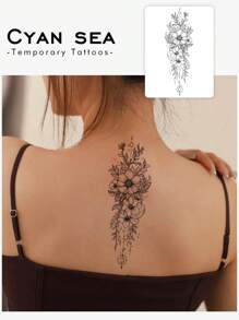 Cyan sea 1pc Black Vintage Floral Temporary Tattoo, Personalized Semi-Permanent Waterproof, Sweatproof Tattoo Sticker, Suitable For Fashion People - Black - View 1