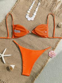 女士性感比基尼两件套，配有亮面配饰和特殊面料 - 桔色 - 查看 2
