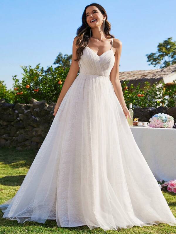 EVER-PRETTY Elegante vestido de novia largo hasta el suelo con tirantes de espagueti, encaje y malla en contraste para boda de jardín en verano, novia