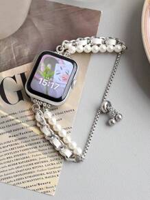 1件裝 女款銀色金屬精緻珍珠鏈錶帶，適用於 Redmi Watch 3 Active/ Watch 4/ Watch 5Lite/5Active - 白色-銀鍊 - 查看 3