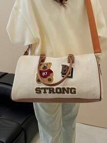 Cartoon Embroidery Unisex Short Trip Bag, Fashion Large Capacity Travel Duffle Bag For Commute, Work, Weekend Getaway, Maternity Tote Bag, Cute Bear Students Lightweight Gym Bag, Khaki, Fits Trolley