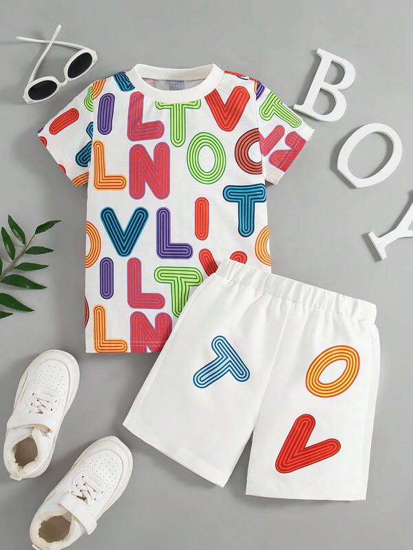 2 Pieces Set Young Boy Summer Casual Round Neck Short Sleeve Top And Shorts