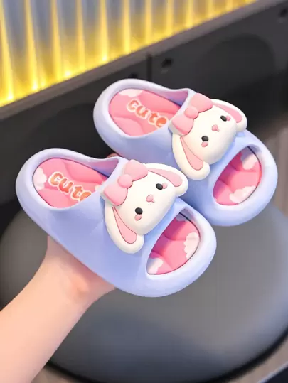 1 Pair Children's Summer Indoor PVC Slippers With Cute Rabbit Cartoon Elements For Boys & Girls