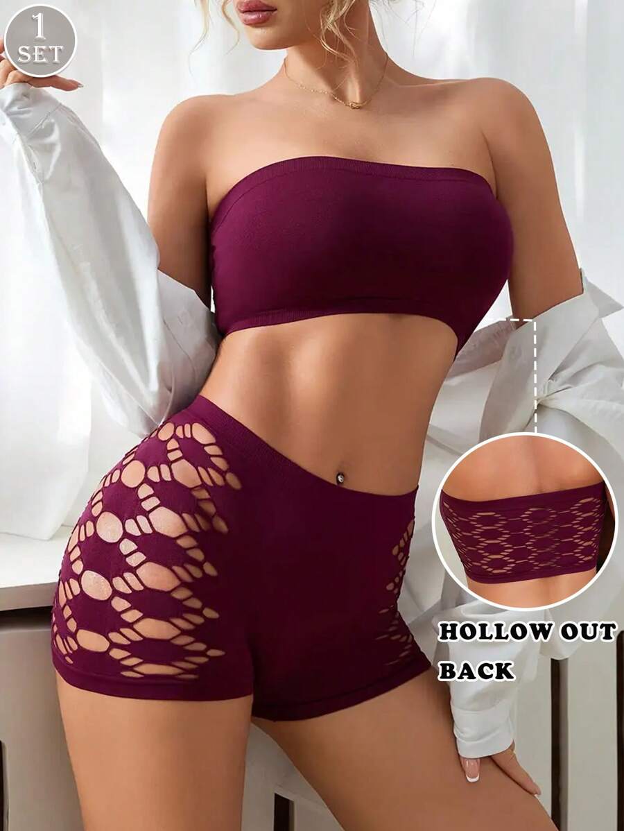 Geometric Hollow Oversized Underwear Set Comfortable High Elasticity Seamless Women's Boxer Briefs Lingerie Bra - Purple - View 1