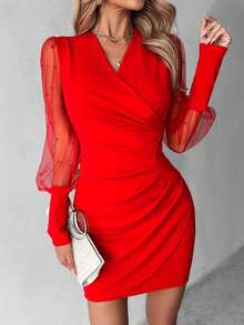 ChicMe Beaded V-Neck Mesh Long Sleeve Dress Ruched Waist Side Ruching Elegant Party Dress - Red - View 6