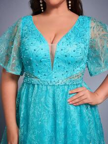 Plus Size High-End V-Neck Embroidered Lace Long Sleeve Rhinestone Beading Evening Gown,Party Dress,Formal,Wedding Guest - Blue - View 6
