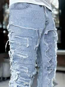 Men's Fashionable Letter Print Distressed Slim-Fit Jeans - Medium Wash - View 3