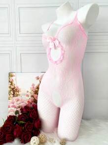Lingerie sexy da donna, tutina rosa con fiori in rete e fiocco, taglio aperto
