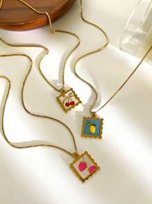 1pc Fashionable Stainless Steel Cherry, Strawberry, Lemon Colorful Pendant Necklace Versatile Wear For Women - Necklace - View 7