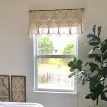 1 szt. makrama, duża ścienna dekoracja z włókien, ręcznie tkana krótka zasłona z frędzlami, zasłona do kuchni z frędzlami, krótka dekoracja na drzwi – drewniany pręt nie jest dołączony