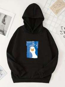 Ladies  Cartoon Duck Print Hooded Sweatshirt, Loose Casual Autumn And Winter Clothes Women - 黑與白 - 查看 1