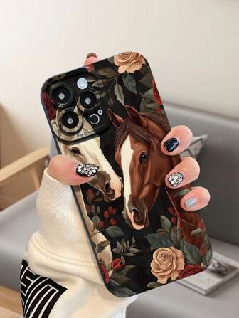 1pc TPU Matte Phone Case With Rose And Horse Pattern, Compatible With Apple 7 7P X XS XR XSMAX XR 11 12 13 14 15 16 Series, A05 A05S A52 A53 A13 A14 A04S A35....Series S22U S23U S24U Series, Redmi Note Series, Oppo A Series, Reno Series, And Infinix Series Smartphones