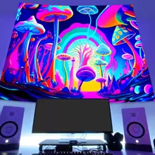 蘑菇夜光挂毯 UV 反应霓虹艺术挂毯 墙壁艺术悬挂用于家庭宿舍装饰 79*58 英寸 大型涤纶荧光壁挂可作为送给男士女士朋友的礼物 包含免费安装包 复活节生日毕业典礼房间装饰挂毯用于房间墙壁挂毯旗帜家居装饰房间装饰用品卧室装饰 - 彩色 - 查看 2