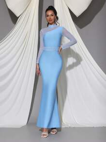 New Sexy Pearl Decor Mesh Patchwork Long Sleeve BodyconLong Bandage Dress, Elegant For Wedding Guest, Party, Birthday, Formal Evening Gown Eid Al Fitr Dress - Baby Blue - View 2