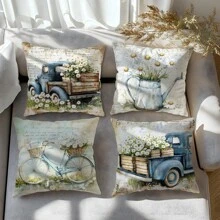 4pcs Vintage Watercolor Daisy Truck Bicycle Pillow Case Set, Single-Sided Soft Peach Velvet Fabric, 40*40/45*45/50*50CM Cushion Cover Suitable For Indoor Decor, Party, Gift - Multicolor - View 8