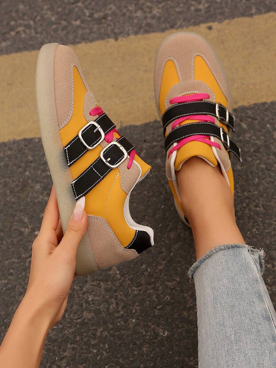 Women's Thick Sole Sport Shoes - Buckle & Lace Up Front Design, Lightweight, Flat Heel, Casual Outdoor Sports, Students, Autumn - Yellow - View 1