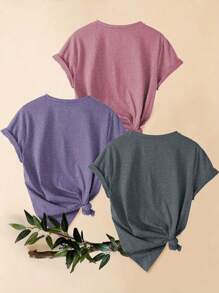 3 件混合装复古风格字母印花舒适 T 恤，休闲圆领短袖运动上衣，女士服装 - 彩色 - 查看 2