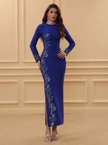 Love Aing Women's Navy Blue Long Sleeve Split Rhinestone Floral Pattern Banquet Luxury Evening Gown, Elegant Glamorous Party Wedding Guest Fashion Dress - Blue - View 6