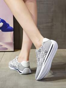 女士卡通图案装饰休闲运动鞋，轻便舒适运动户外鞋，低帮透气步行健身鞋 - 淺灰色 - 查看 5