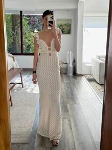 Elegant Women's Sexy V-Neck Lace Knit Semi-Sheer Backless Dress, Boho Style, Spring/Summer - Apricot - View 10