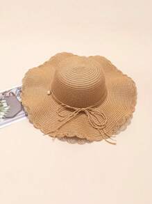 1pc Women's Khaki Wave Beach Sun Hat With Faux Pearl & Bowknot Detail, Elegant Beach Travel Vacation Sun Hat