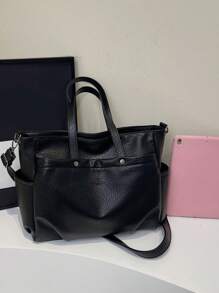 Large Capacity Vintage Simple Solid Color Tote Bag For Daily Commute - Black - View 9