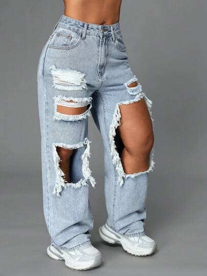 Calça Jeans Street Cintura Alta Bolso Inclinado Rasgado Perna Reta