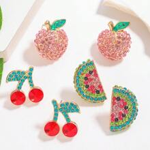 2 piezas Pendientes tipo botón estilo bohemio con cristal de sandía, melocotón y cereza de la serie de frutas, adecuado para uso casual, vacacional y de fiesta de las mujeres