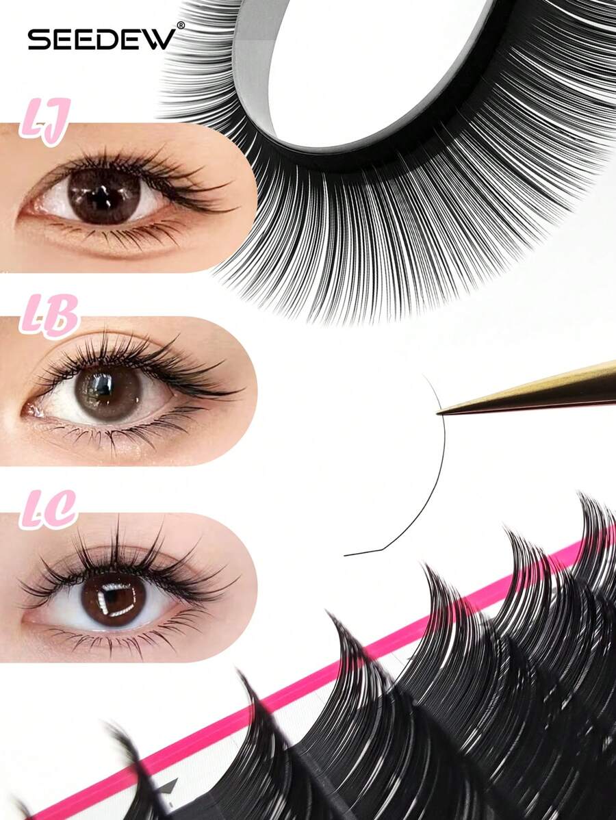 Seedew 1 件 16 排 LJ LB LC 卷翘睫毛延长 MIX7-16mm L 形特殊卷曲仿貂皮经典睫毛柔软自然 0.05mm 0.07mm 混合长度哑光黑色单根假睫毛延长 - 黑色 - 查看 1
