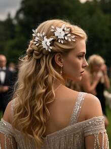 2pcs/Set Vintage Palace Style Soft Ceramic Braid Hairpins, Bridal/Bridesmaid Hair Accessory - Silver - View 8