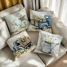 4pcs Vintage Watercolor Daisy Truck Bicycle Pillow Case Set, Single-Sided Soft Peach Velvet Fabric, 40*40/45*45/50*50CM Cushion Cover Suitable For Indoor Decor, Party, Gift - Multicolor - View 4