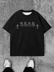 Men's Stylish Cross Print Casual Short Sleeve T-Shirt - Black - View 2