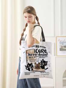 Cat Pattern Double-Sided Printed Linen Shoulder Tote Bag Shopping Bag Shoulder Bag Casual Travel Beach Bag Large Capacity Reusable Shoulder Shopping Bag