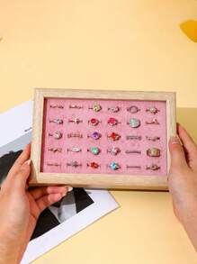 Walnut Color Jewelry Tray, Elegant Velvet Earring Ring Display Stand, Jewelry Organizer Showcase Gifts Women Girls Back To School - Multicolor - View 9