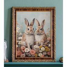 1 pieza Cartel de arte de pared Animales botánicos vintage Pascua Conejo Conejito en campo de flores Liebre Póster de cabaña Pintura en lienzo Arte de pared Decoración para el hogar Regalo perfecto para estudio y sala de estar Decoración Canvas sin marco