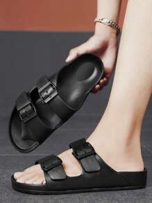 男士简约一脚蹬舒适搭扣双条平底凉鞋 - 黑色 - 查看 2