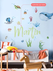 [Élément essentiel pour la rénovation de la chambre d'enfant] Autocollant mural personnalisé avec le nom, autocollant de décoration avec des animaux marins de dessin animé + décoration de chambre d'enfant personnalisée, autocollant commémoratif du nom de bébé, anniversaire, fête des 100 jours, autocollant décoratif pour garderie (amovible) Rentrée des classes