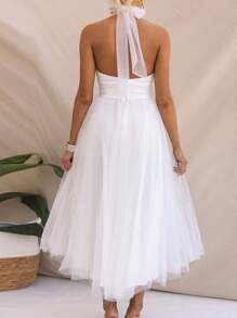 Womens Backless Long Dress Adjustable Tie Halter Neck Tulle High Waist Solid Party Wedding Dress - trắng - Xem 3