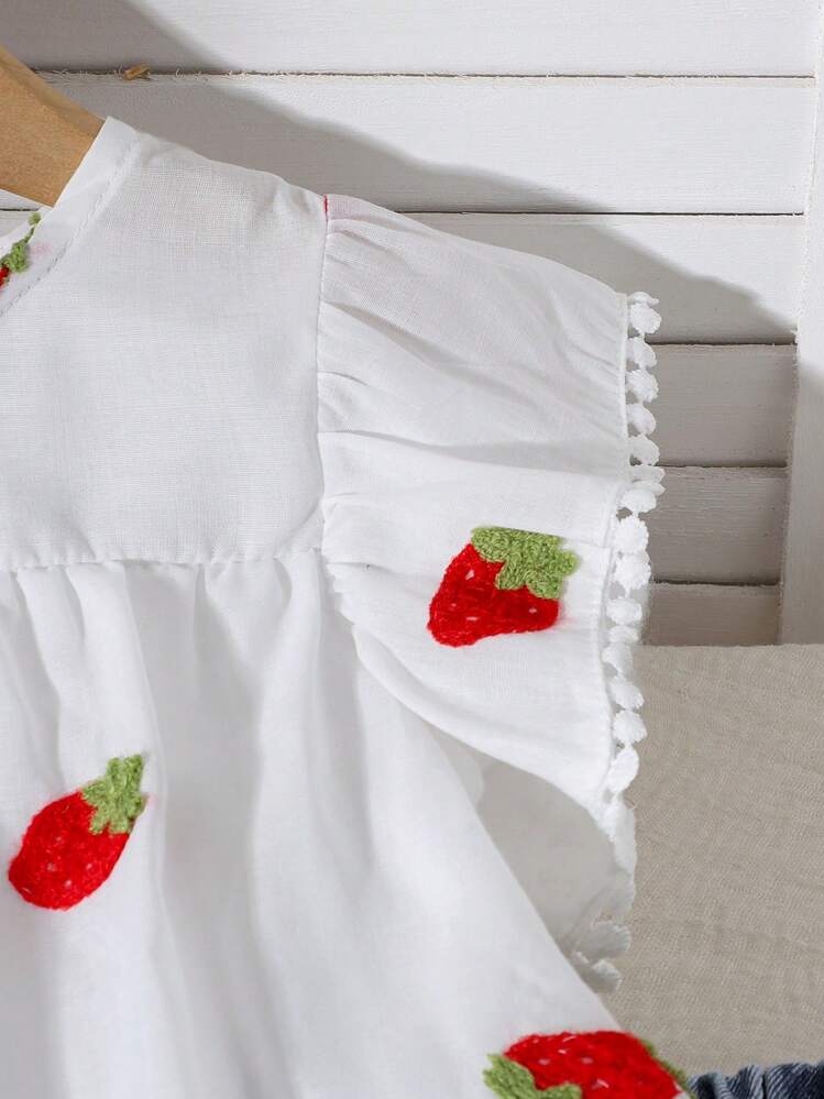 2件套少女可爱草莓印花白色短袖上衣+牛仔短裤套装，轻盈夏日 - 白色 - 查看 7
