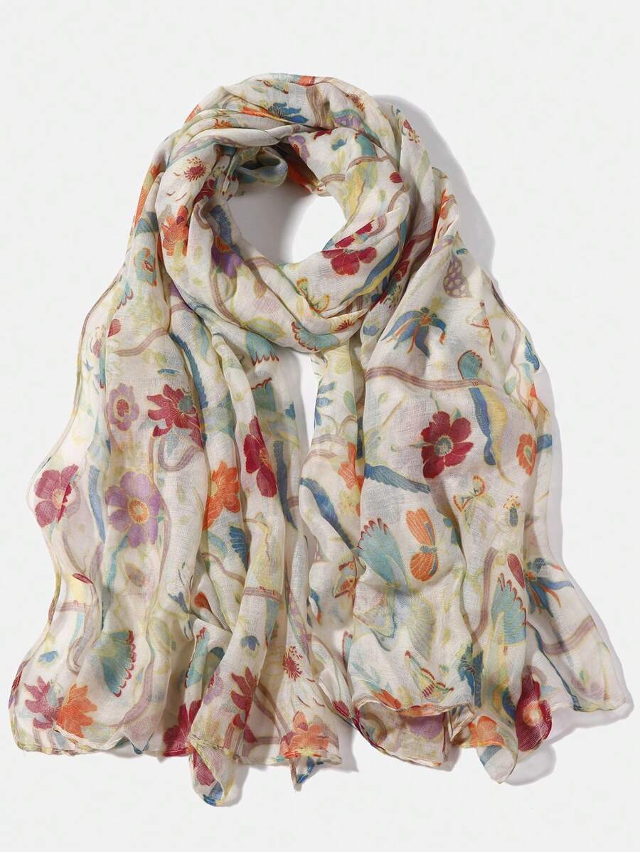 1pc Women Flower Bird Print Oblong Scarf Floral Print Head Wrap Scarf Large Shawl For Dress - Multicolor - View 1