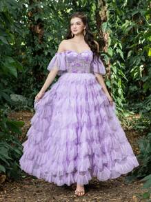 Off Shoulder Floral Applique Bodice Contrast Tiered Ruffle Hem Homecoming Prom Dress Perfect Wedding Guest Dress, For Back To School, Gathering, Dance & Cocktail Events, Party Dress - Lilac Purple - View 5