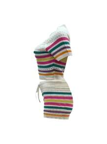 Women Fashion Knitted Striped Vacation Top And Shorts Set Sweater Summer Fashionable Casual Daily Wear - Multicolor - View 4