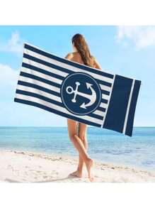 1pc Striped Anchor Print Beach Towel, Soft & Absorbent Sunbathing Towel, Extra Large & Heavy Weight Towel, Travel & Beach Towel, Gym, Swimming Pool, Bathroom, Camping, Yoga Adult Towel