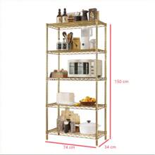 Estantería de exhibición ajustable de 5 niveles, 74x34x150cm, acabado dorado brillante, estantería de almacenamiento metálica resistente con pies de nivelación ajustables